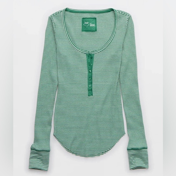 aerie Tops - Aerie long sleeve fitted henley t-shirt size XS color green/white NWT
